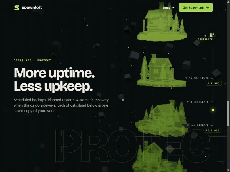 Four ghost copies of the island's surface stacked vertically in the dark, with labels such as NOW, 6 H AGO and 12 H AGO beside them, and the Protect headline on the left.