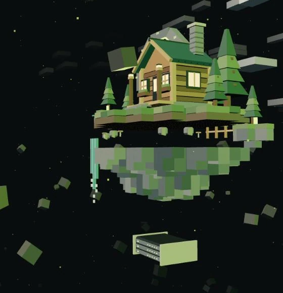The island pulled apart: the grass surface, cabin and portal float above the stone foundation, with the server core hanging below.
