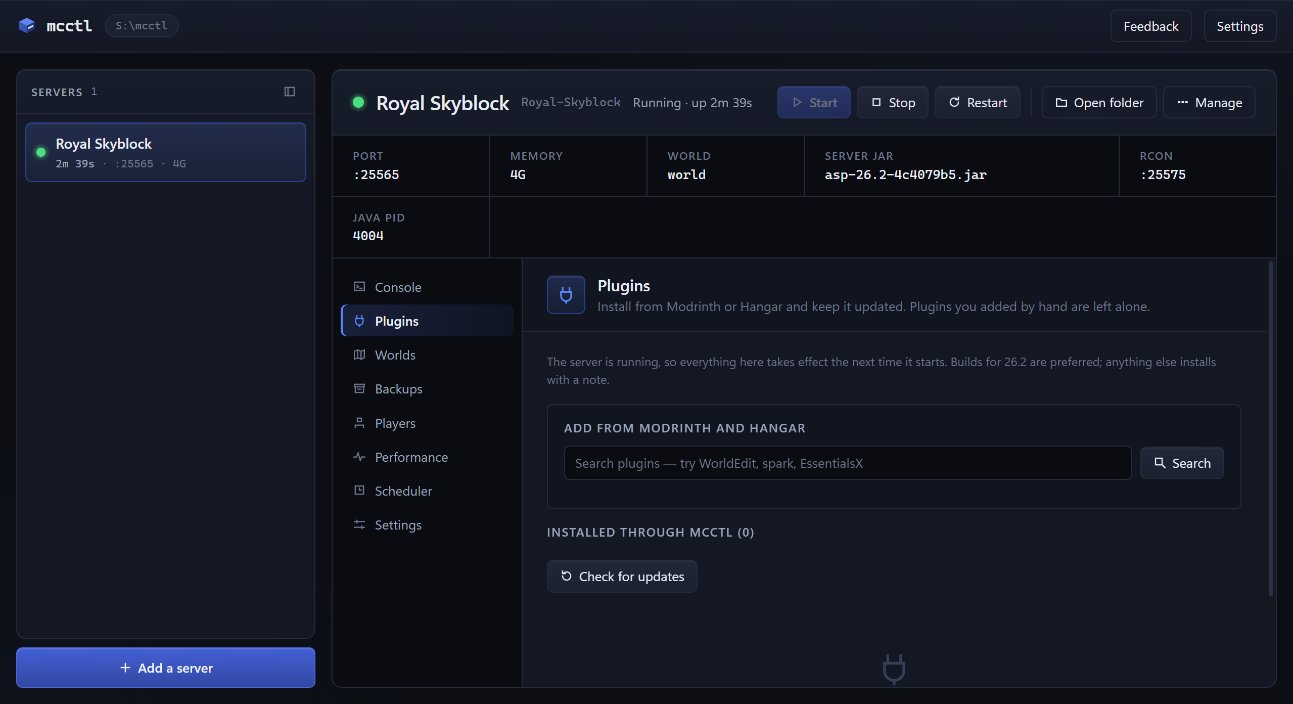 The Plugins tab: search Modrinth and Hangar together, install and update