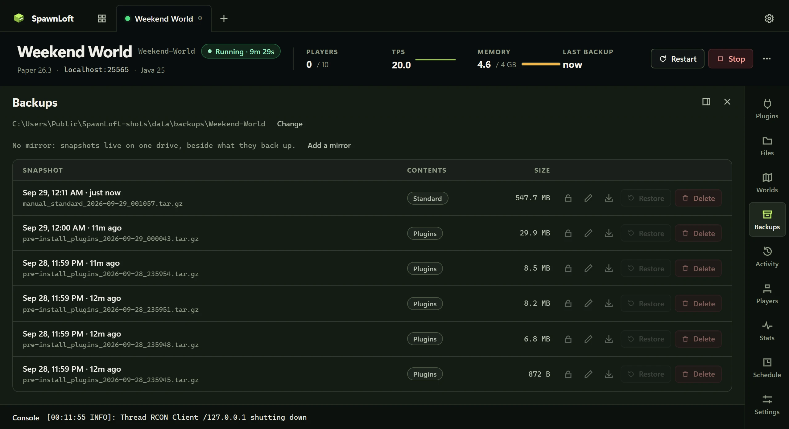Actual SpawnLoft backups panel screenshot