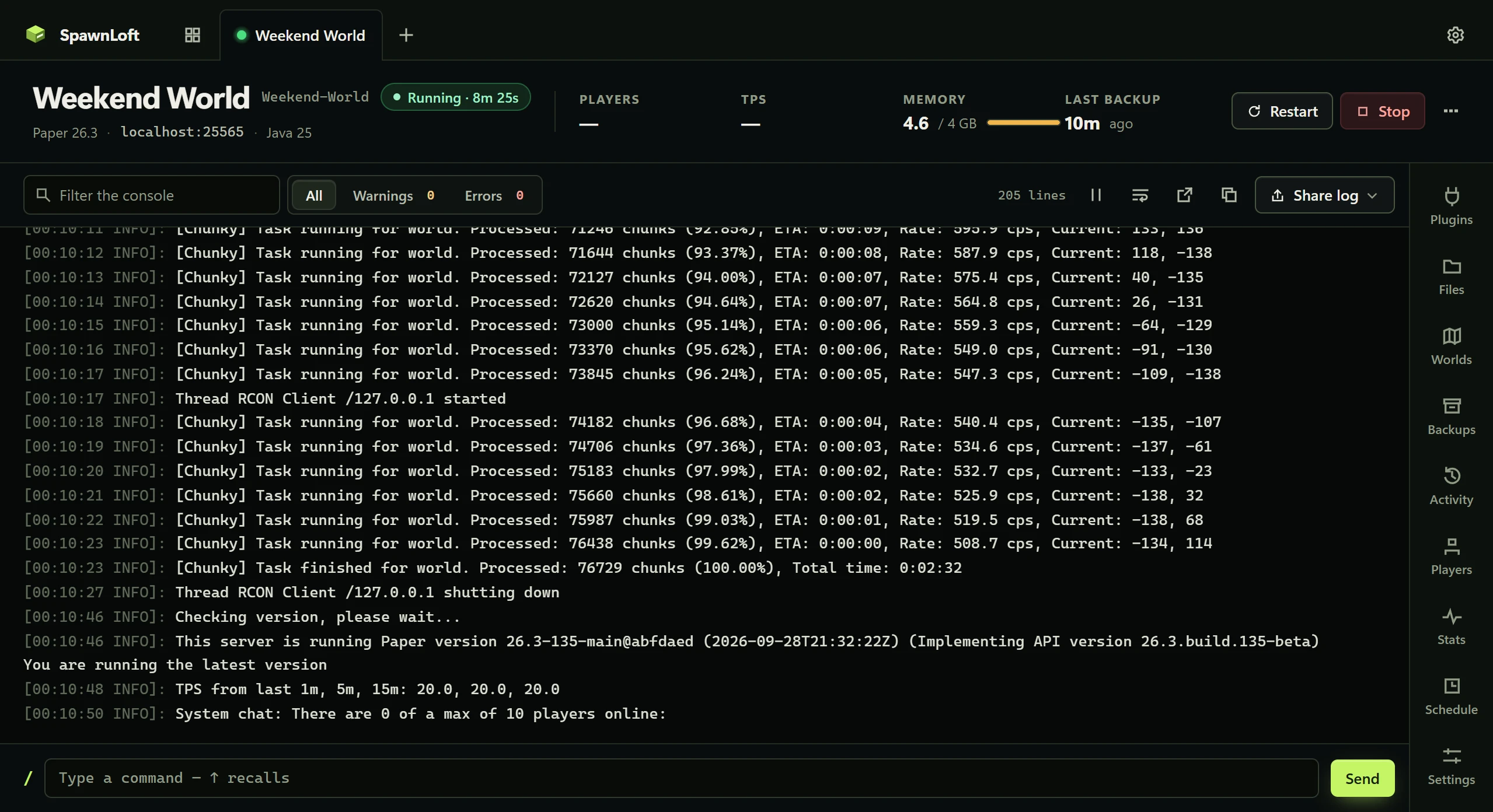 Actual SpawnLoft console panel screenshot