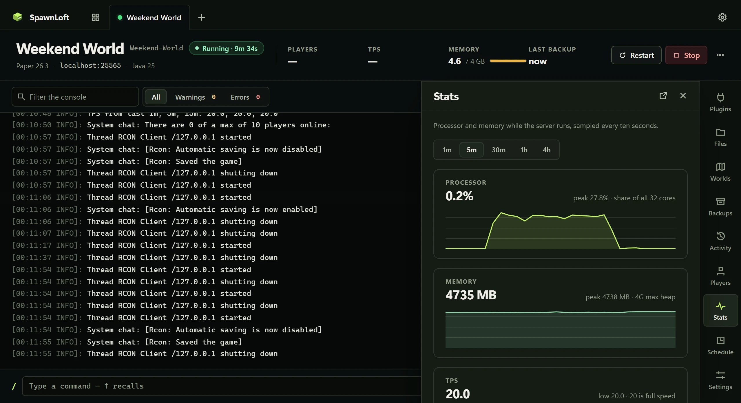 Actual SpawnLoft performance panel screenshot