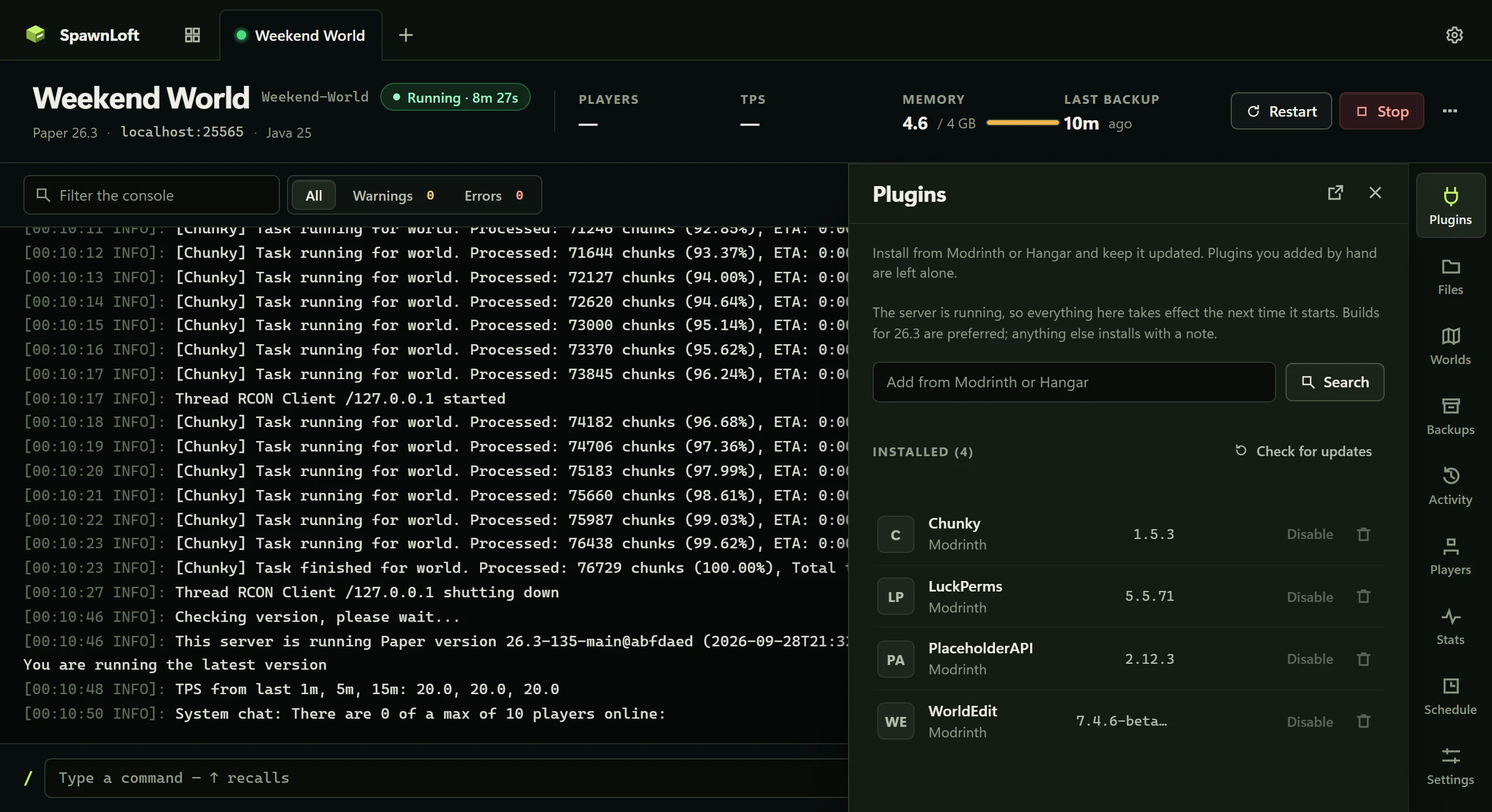 Actual SpawnLoft plugins panel screenshot