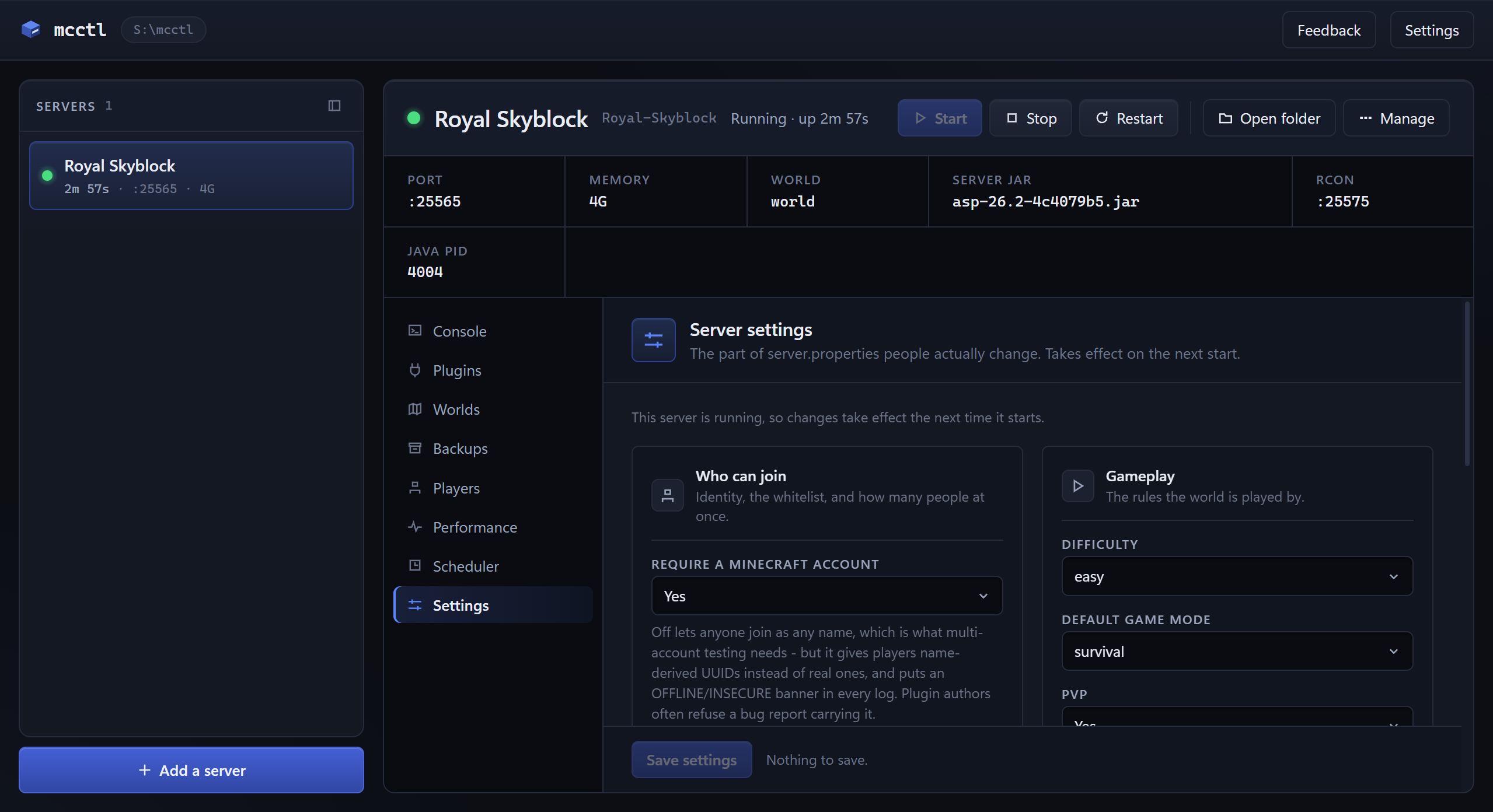 The Settings tab